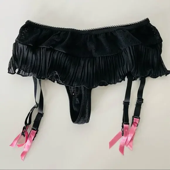 NEW VS VICTORIAS SECRET Black PinkAccordian Sheer Ruffle Garter Belt Thong S